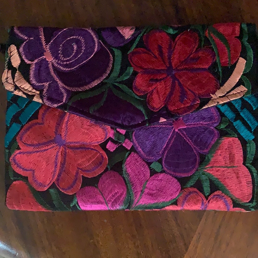 Hand embroidered Mexican clutch with wrist strap